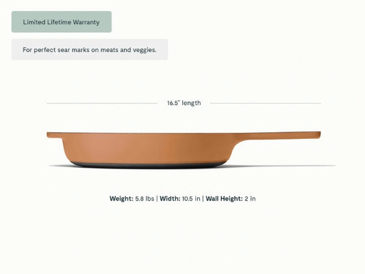 10.5” Enameled Cast Iron Skillet  - 10.5” Skillet perfect for searing meat, baking cornbread, and sautéing. - US 7818